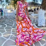 Women Bohemian Dress Summer Fashion Short Sleeve V-neck Printed Dress