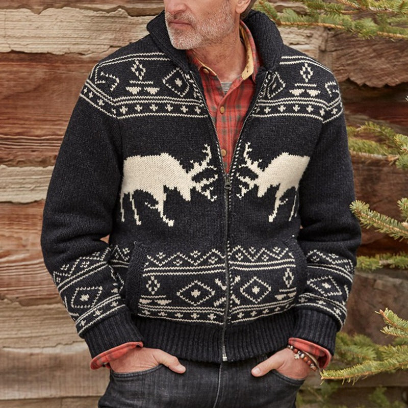 John Dutton Jacket Black Deer Brocade Sweater Zipper Long Sleeve Knitted Coat
