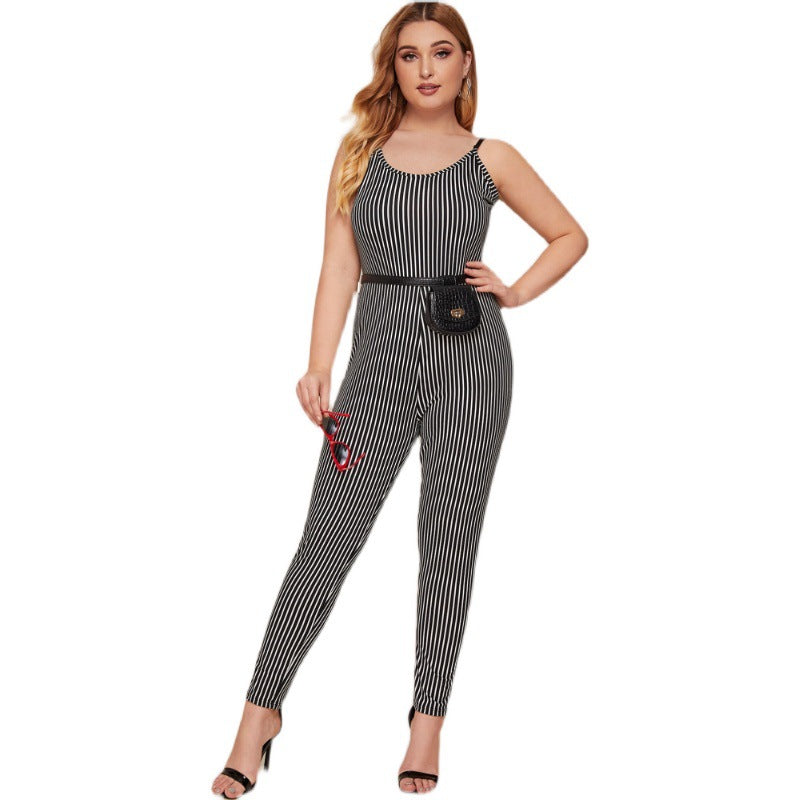 Women Plus Size Pants Spring/Summer Stretch Tight Braces Striped One-Piece Trousers