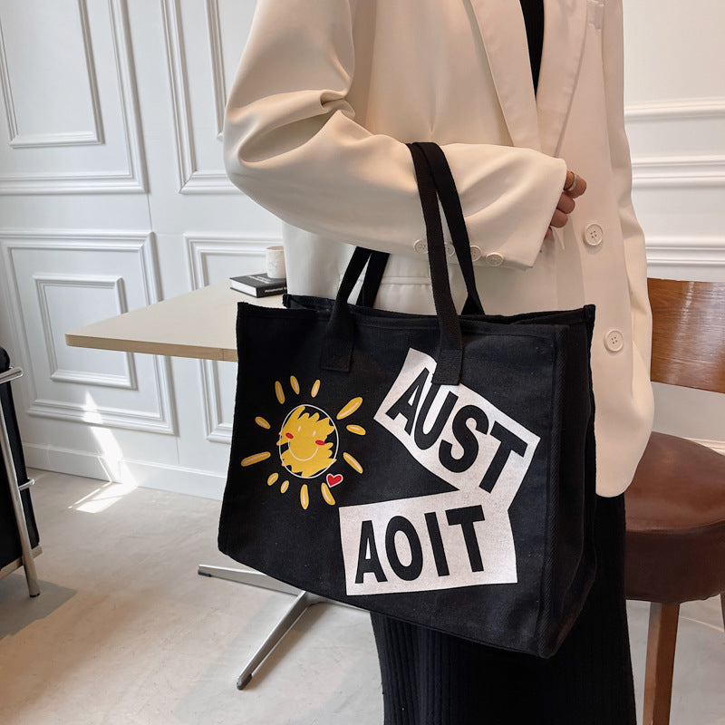The Teacher Tote Smiley Face Canvas Big Bag Fashion Handbags Shoulder Bag Large Capacity Casual Tote Bag