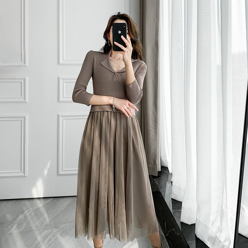 Fairy Dress Women's Woolen Skirt Autumn Mesh Ice Silk Dress Solid Color Knitted Base Skirt
