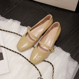 Nude Block Heel Sandals Vintage Patent Leather Mary Jane Shoes