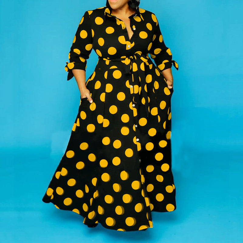 Women Plus Size Maxi Dresses Shirt Long Sleeve Dotted Prints Dress