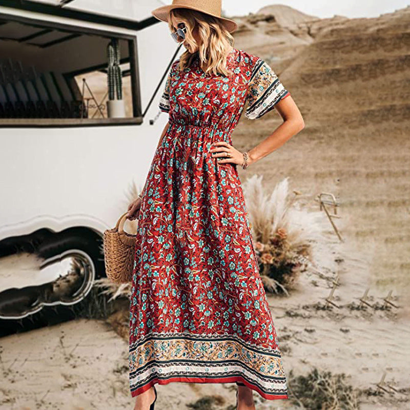 Beth Dutton Bohemian Dress Summer Spring Midi Dresses V-neck Waist Trimming Printing Vacation Beach Dress