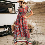 Beth Dutton Bohemian Dress Summer Spring Midi Dresses V-neck Waist Trimming Printing Vacation Beach Dress
