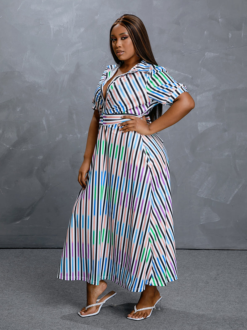 Women Plus Size Maxi Dresses Striped Printing Color Contrast Long Sleeve Shirt Dress