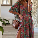 Women Bohemian Dress Women's Spring and Summer Print V-neck Split Dress
