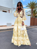 Women Exotic Dresses Printed V-neck Long-Sleeve Dress