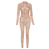 Summer Women's Sexy Mesh See-through Digital Printed Waist-Controlled Bandage Jumpsuit