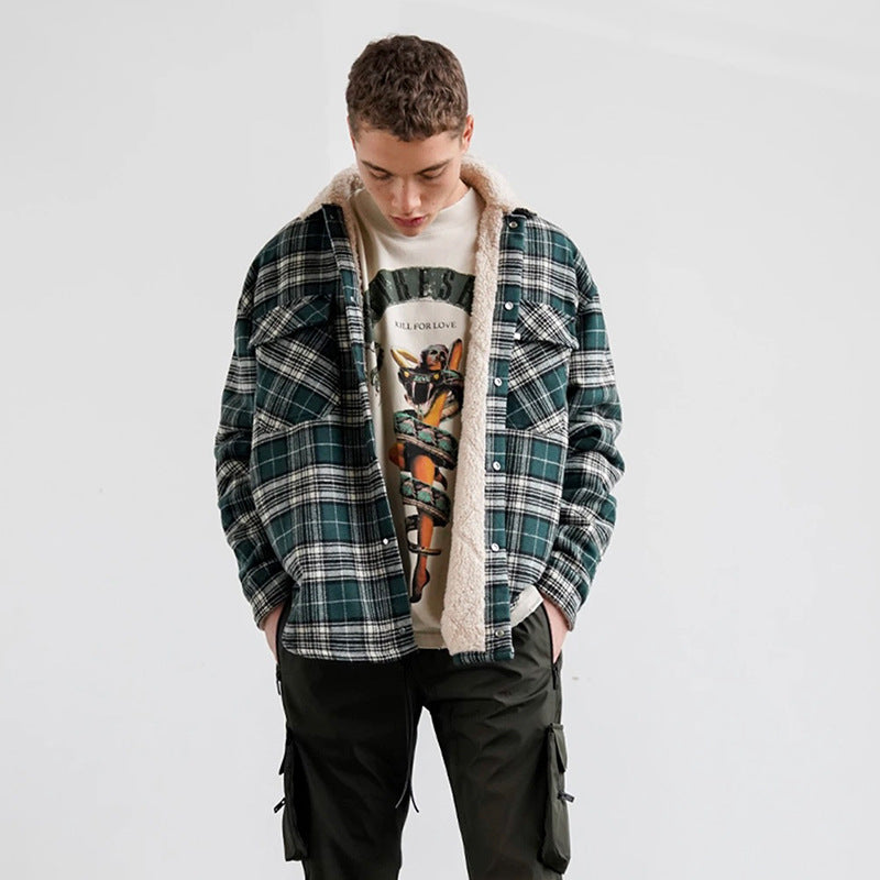 Mens Flannel Jacket Rep Retro Lapels Lambswool Shirt Padded Jacket Men's High Street Pocket Top