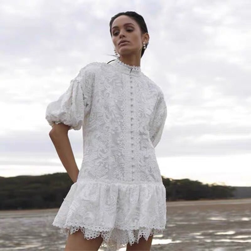 Fashion Stand Collar Puff Sleeve Single-Row Dress