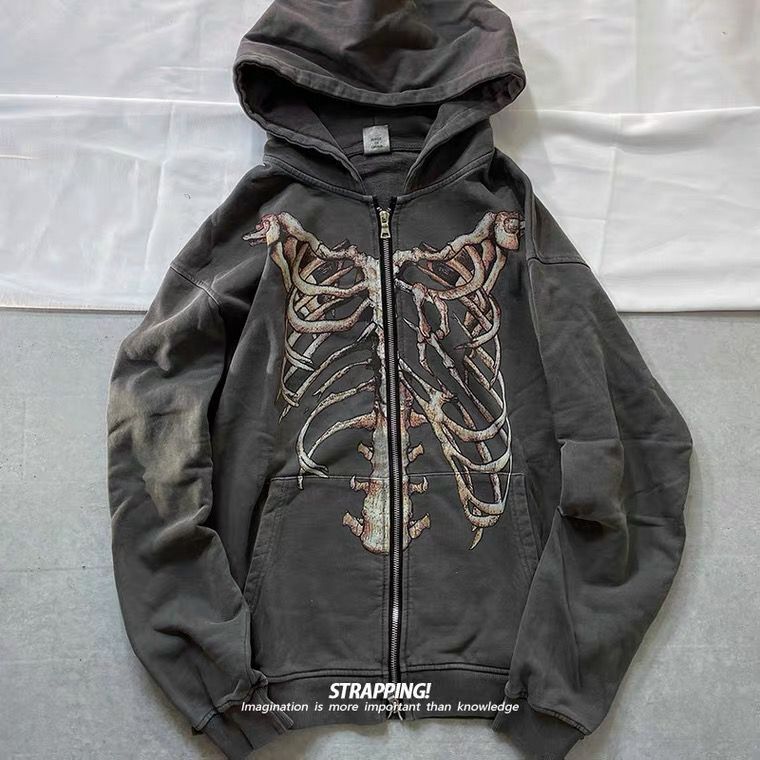 Present Hoodie Vintage Distressed Bone Print Rock Zipper Hooded Sweater
