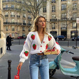 Women Coats Autumn and Winter Single-Breasted V-neck Knitted Cardigan Strawberry Long-Sleeved Sweater