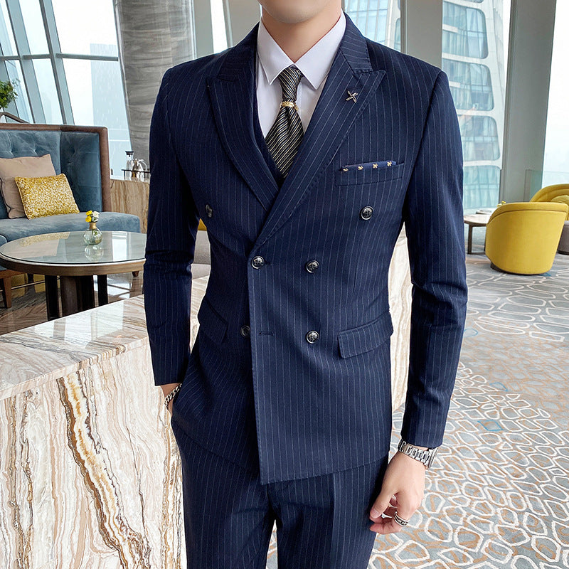 Double Brewed Seersucker Suit Autumn Men's Suit Slim Striped