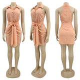 Bella Hadid Dress Casual Pleated Lace-up Shirt Dress