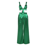 Women Top & Pant 2 Piece Set Autumn and Winter Lace-up Backless Underwaist Wide-Leg Pants Casual Suit