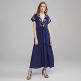 Women Dresses Bohemian Embroidered V-neck Lace-up Dress Long Dress