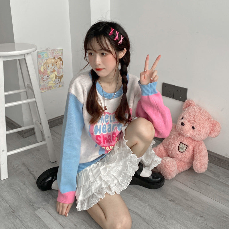 Gothic Lolita Harajuku Style Clothing Preppy Style Contrasting Blue & Pink Ice Cream Love Long Sleeve Sweater