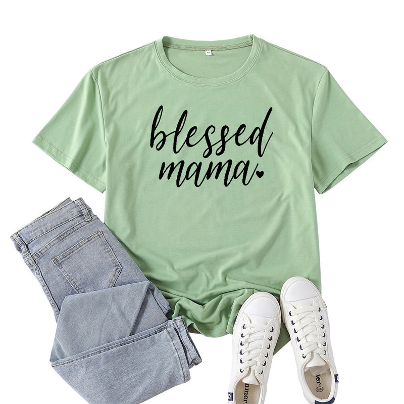 Boy Mama T Shirts Blessed Mama Letter Print Short-Sleeve T-shirt