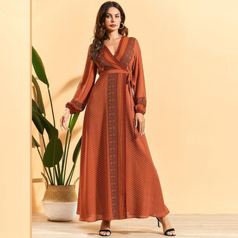 Bohemian V-neck Vintage Printed Lace-up Lantern Sleeve Fashion Dress