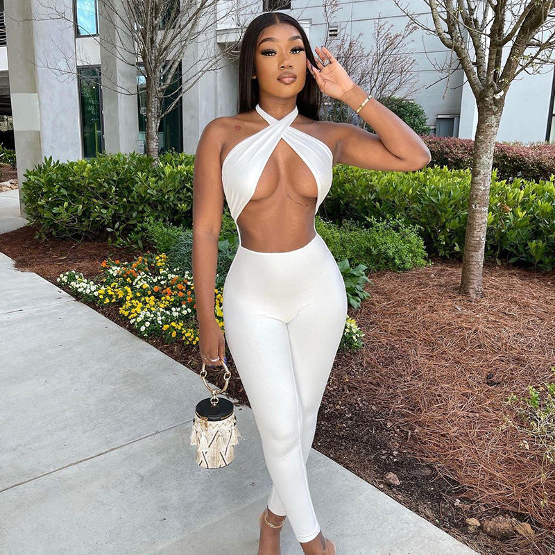 Summer women's sexy backless halter solid color high waist tight casual sports jumpsuit