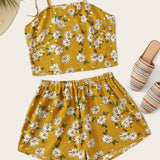 Women Plus Size Co-Ords Spring/Summer Loose Chrysanthemum Print Strap Elastic Waist Shorts