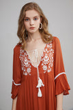 Women Dresses Bohemian V-neck Flared Sleeve Embroidered Dress