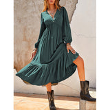 Beth Dutton Bohemian Dress Winter Autumn Midi Dresses Solid Color Stripes Lantern Sleeve Holiday Dress
