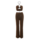 Women Top & Pant 2 Piece Set Halter Sexy Cutout Vest Slim-Fitting Straight Pants Suit