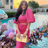 Women Top & Skirt 2 Piece Set Summer Square Collar Puff Sleeve T-shirt Slim Fit Sheath Skirt Suit