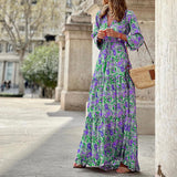 Women Bohemian Dress Women's Summer Long-Sleeve V-neck Dress
