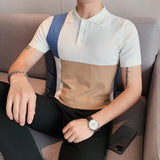 Men Short Sleeve T-Shirt Color Block Knitted Polo Shirt