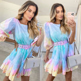 Abstract Bodycon Dress Summer Tie-Dyed Dress with Belt