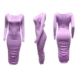 Square Collar Solid Color Long Sleeve Slim Fit Pleated Sexy Dress