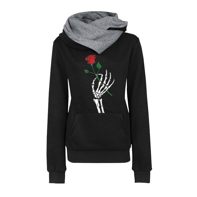 Black Rose Hoodie Lapel Pattern Printed Hooded Personality Sweater