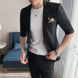 Men Trousers Slim Fit Mid-Sleeve Suit Two-Piece Set
