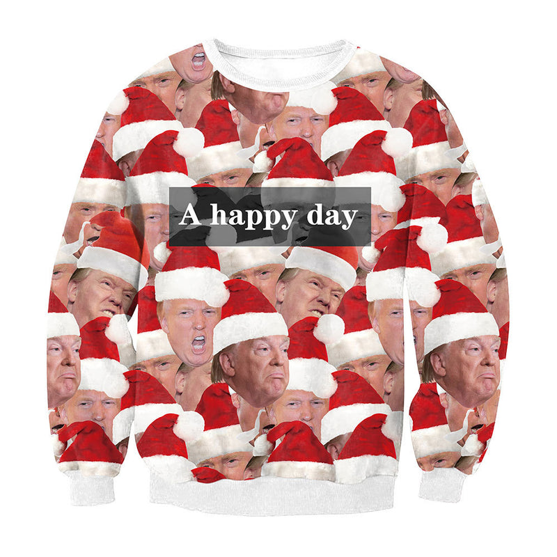 Ugly Christmas Sweater Trump Figure Pattern Christmas Digital Printed round Neck Long Sleeve Sweatshirt Tops