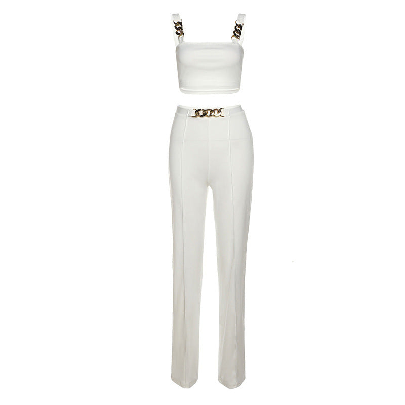 Women Top & Pant 2 Piece Set Vest High Waist Hip Straight Straight-Leg Pants Casual Suit