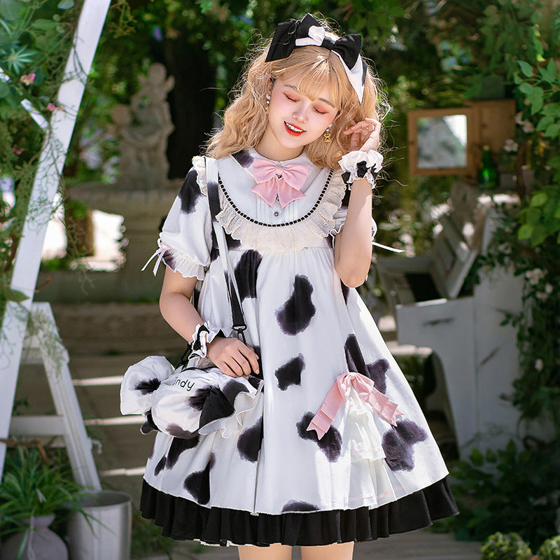 Gothic Lolita Harajuku Style Clothing Lolita Skirt Summer Cow Puff Short Sleeve Op Dress Cow Handle Everyday Dress