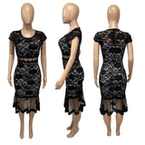 Sexy round Neck Lace Fishtail Skirt Swing See-through Dress