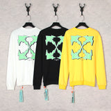 Off White Long Sleeve Round Neck Sweater Autumn And Winter Green Lightning Arrow Pattern Crew Neck Pullover Sweatshirt