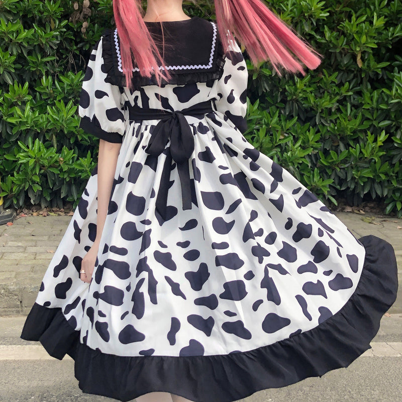 Gothic Lolita Harajuku Style Clothing Bowknot Cow Print Student Sweet Dress