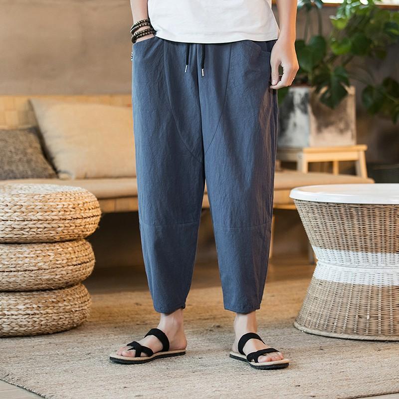 Linen Pants Straight Leg Pants Drawstring Lightweight Elastic Beach Pants Summer Solid Color Men's Retro Loose plus Size Casual Pants