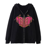 Skeleton Hoodie Winter Fleece Women's Long Sleeve Hoodie Heart-Shaped Clothes Printed Zipper
