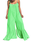 Women Plus Size Pants Suspenders Loose Flared Solid Color Jumpsuit