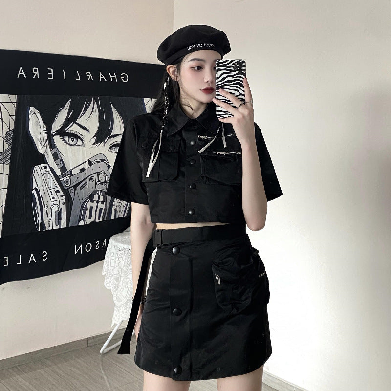 Gothic Lolita Harajuku Style Clothing Autumn Multi-Pocket Short Jacket High Waist Skirt Two-Piece Set