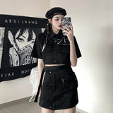 Gothic Lolita Harajuku Style Clothing Autumn Multi-Pocket Short Jacket High Waist Skirt Two-Piece Set