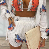 Women Pants Suit Women's Summer Casual Suit Butterfly Printed Three-Piece Set