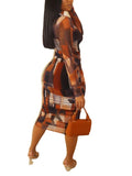 Women Plus Size Midi Dresses Summer Long Sleeve Printed Bodycon Dress