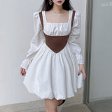 Vintage Empire Waist Dress Vintage Contrast Color Waist Square Collar Puff Sleeve Dress